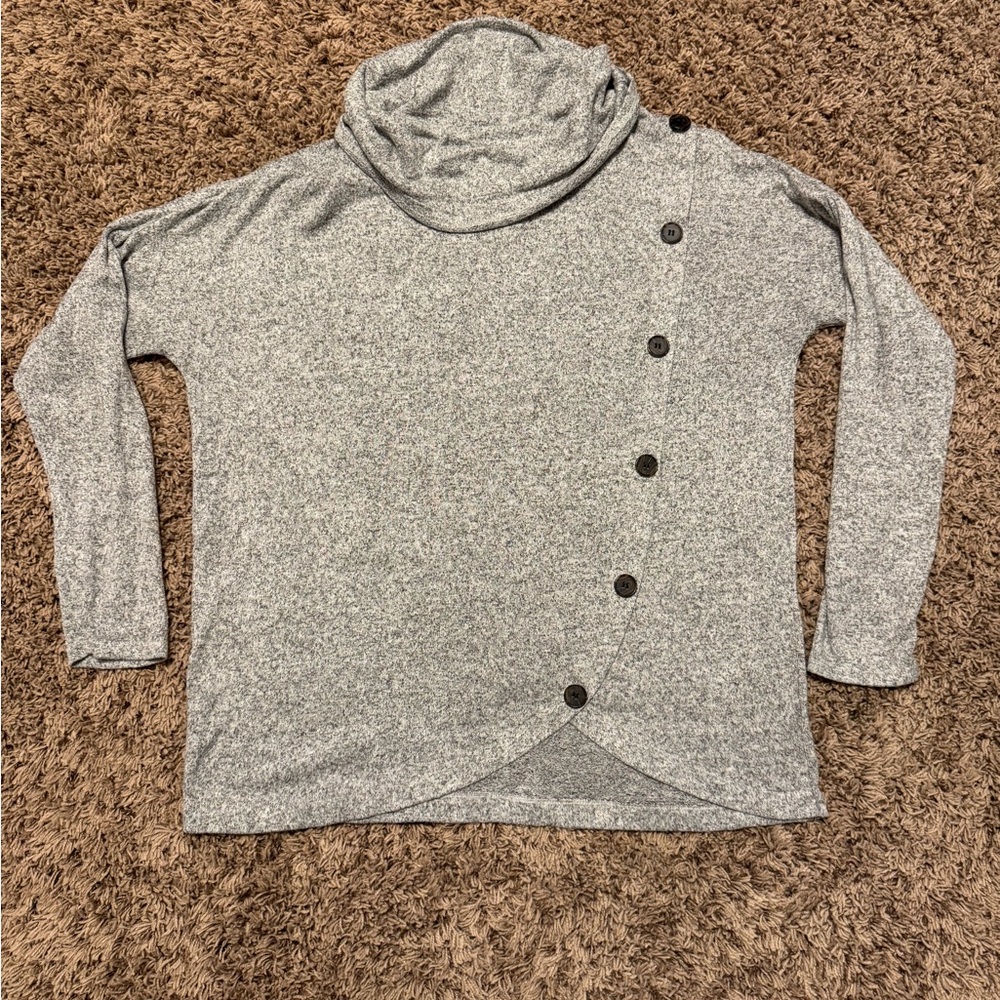 Elegant Gray Cowl Neck Sweater with Button Accents